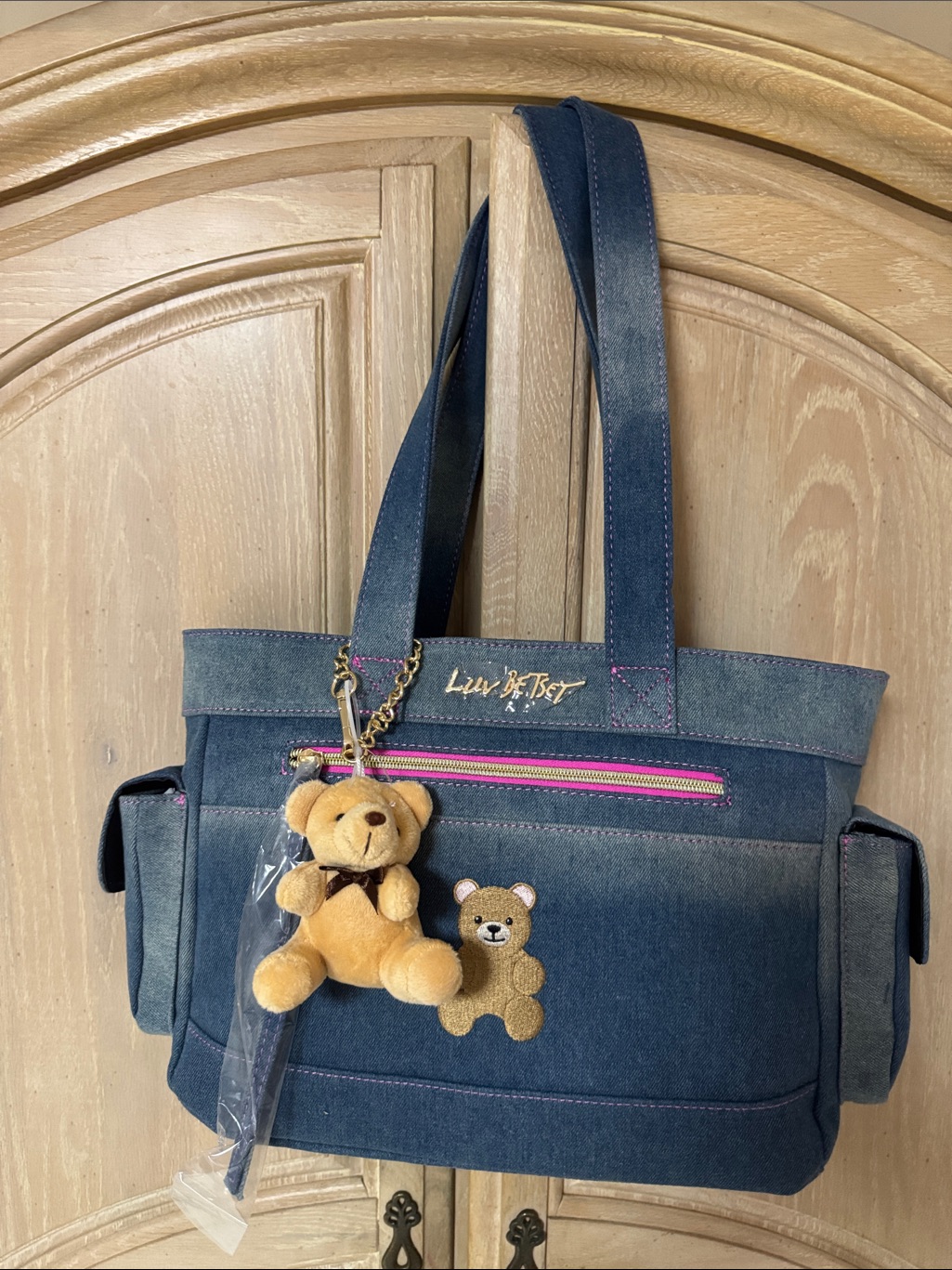 New Betsey Johnson Blue Denim Shoulder Bag With Pink Accent